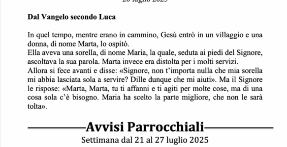 Avvisi della settimana – 20  Luglio 2025