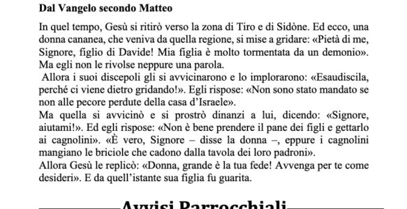 Avvisi della settimana – 16 Agosto 2026